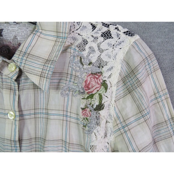 Johnny Was Shirt  XS Plaid Lace Floral‎ Trim Chic Cottage Core Boho Embroidered - Picture 5 of 16